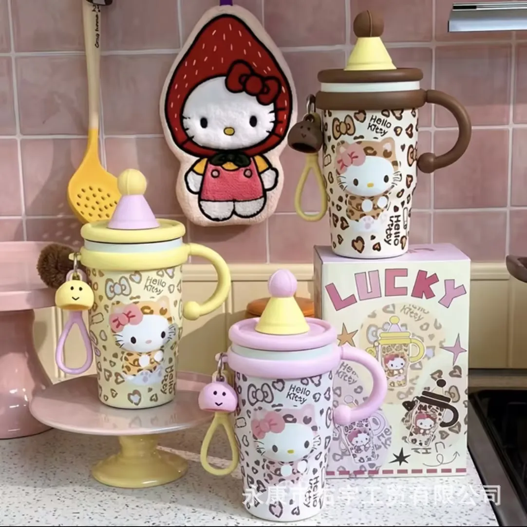 New‑style Hello Kitty cartoon thermal tumbler, large‑capacity straw cup with handle and carrying lanyard