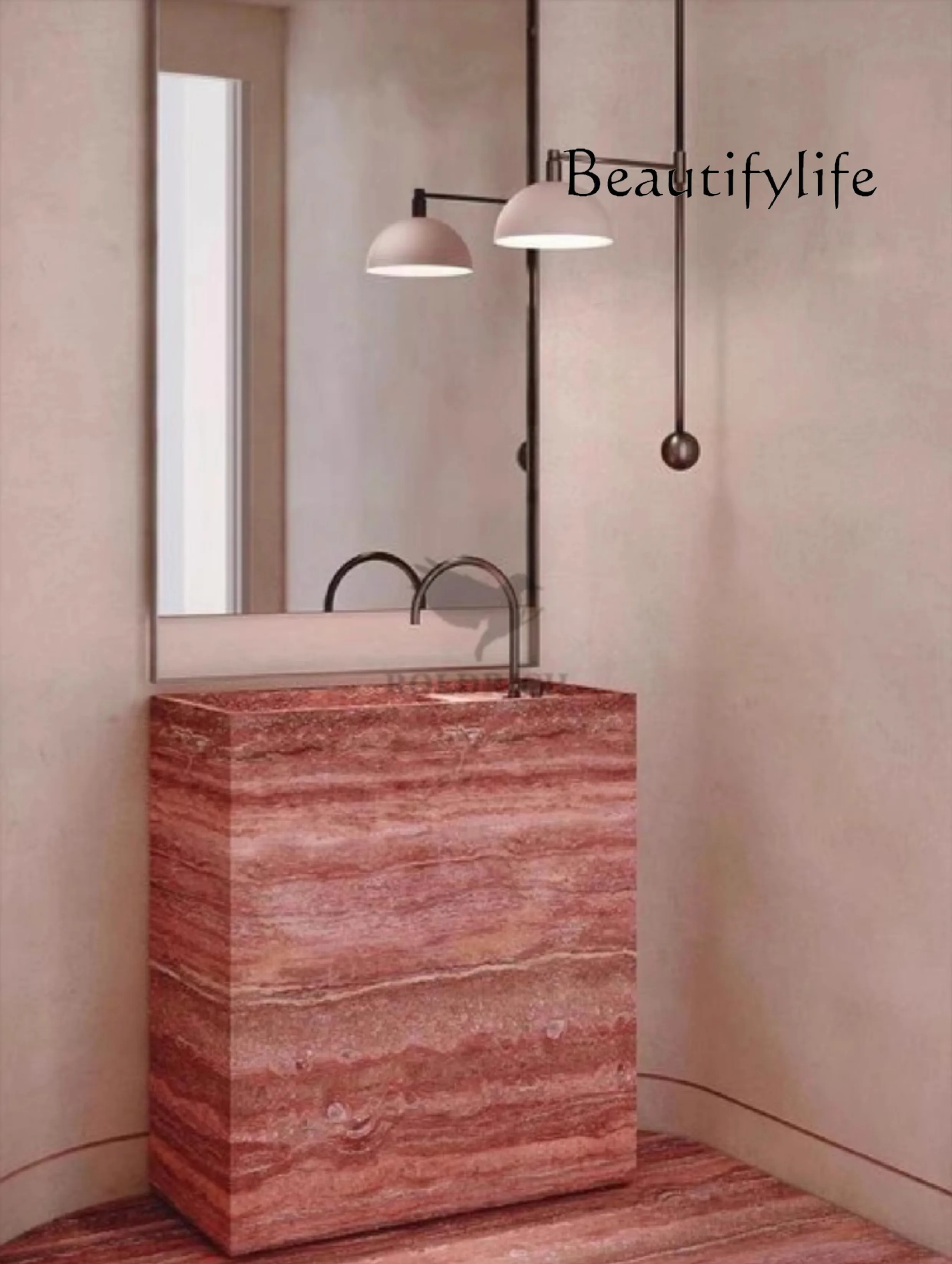 

Retro style red travertine rock slab floor-to-ceiling hand washing basin hotel column basin sink sink