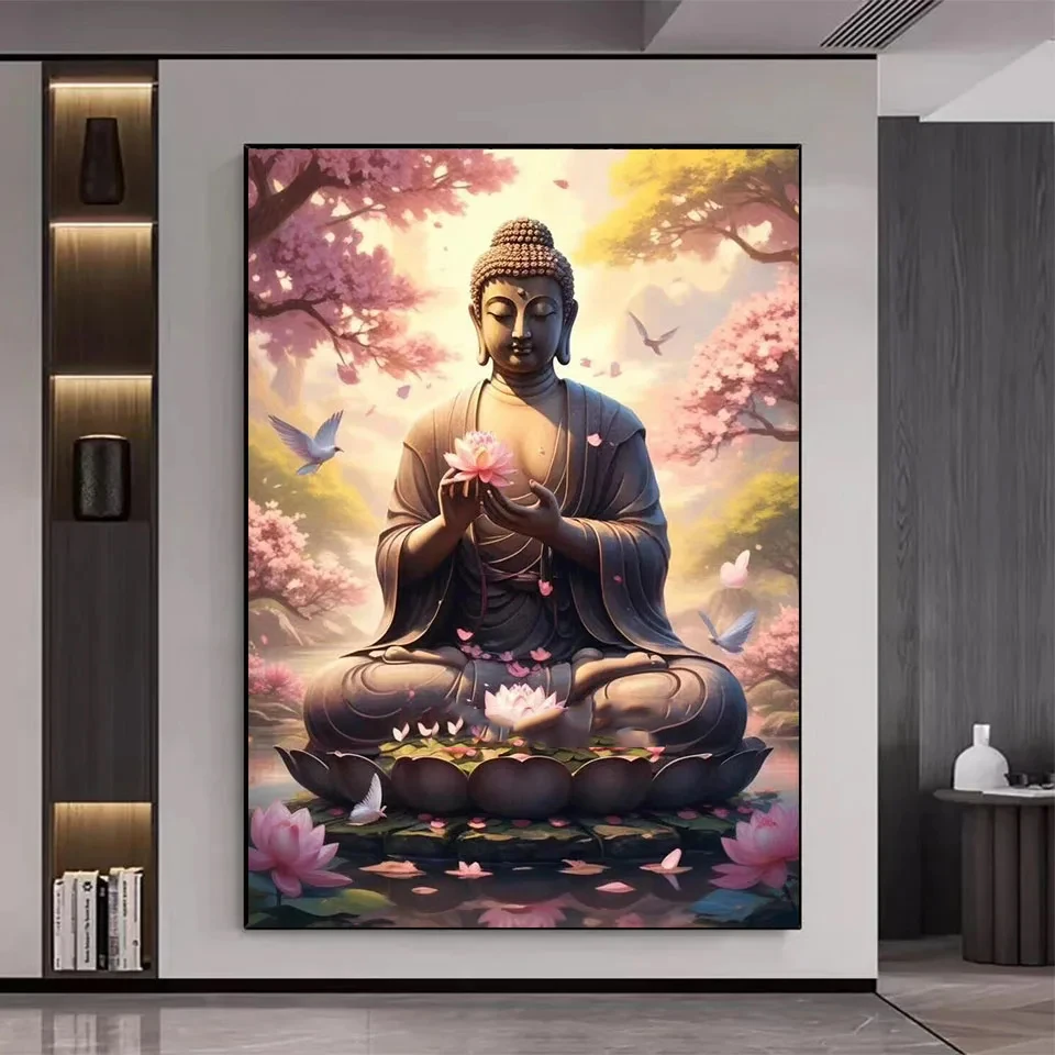 5D DIY Diamond Painting Kit Lotus Buddha Diamond Embroidery Religion Art Full Square Round Cross Stitch Rhinestone Home Deocr