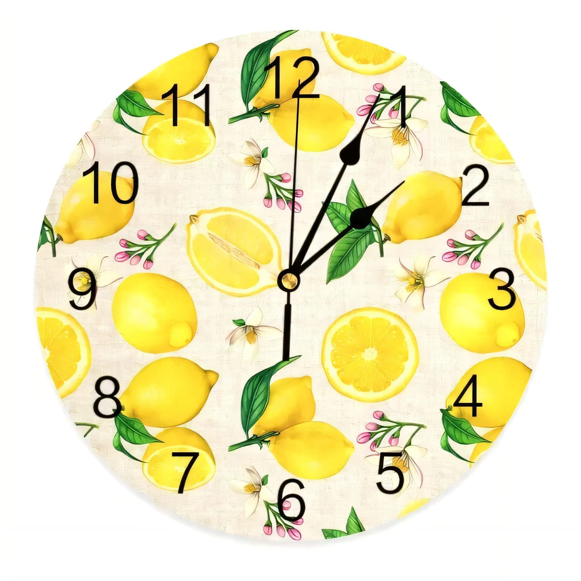 Vintage  Wall Clock Round Lemon Floral Decor Silent Non Ticking Battery Operated Kitchen Home Art Gift