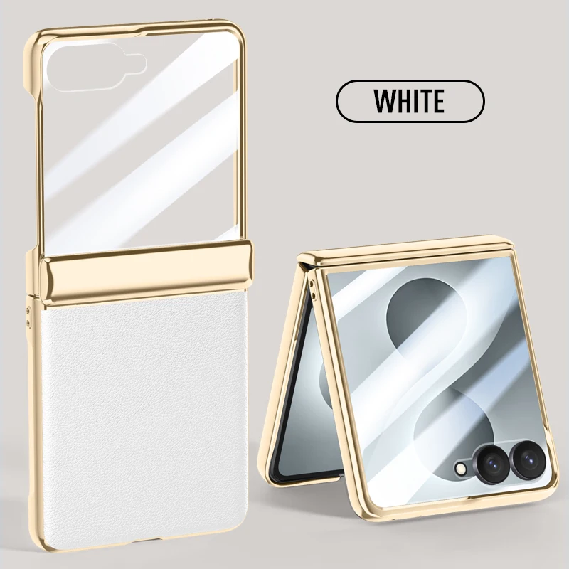 For Samsung Galaxy Z Flip 8 Case Luxury Electroplating Matte Leather Folding Hinge With Mirror Film Shockproof Protection Cover