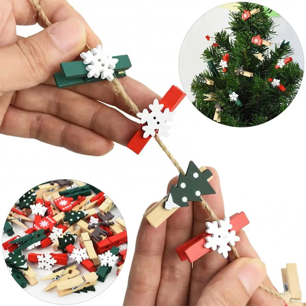 Wood Mini 10Pcs Christmas Tree Snowflake Glove Elk Photo Clip Clothespin Decor Peg For New Year Xmas Party Decor