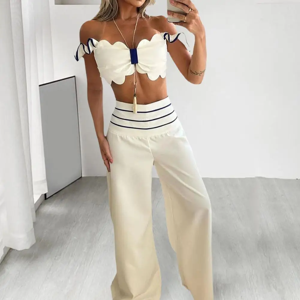 

Tube Top Trousers Set Stylish Women's Crop Top Pants Set with Ruffle Detail High Waist Wide Leg Trousers Soft for Commuting