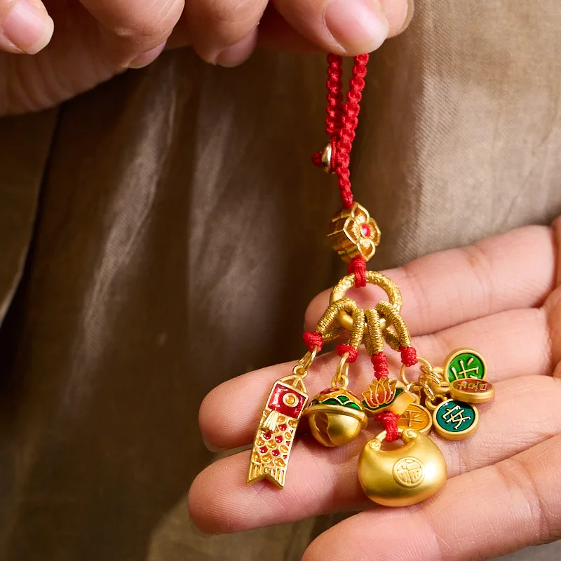 Ancient Sand Gold The Golden Flag Wins Keychain Brass Gold Plated Fortune Lock Car Keychain Pendant Temple Prayer Lucky Charms