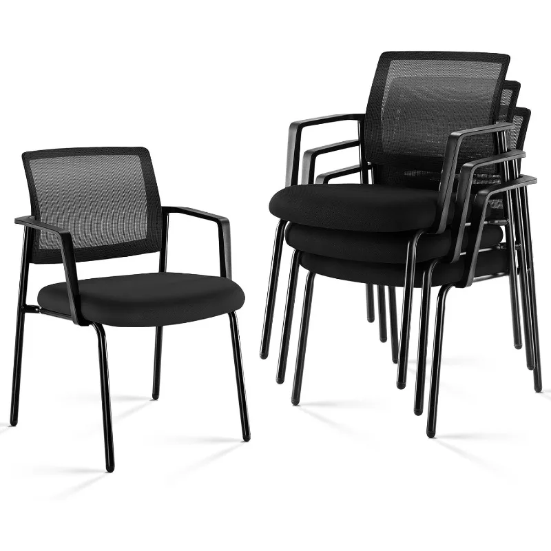 Mesh Back Stacking Arm Chairs 4 Pack, Upholstered Fabric Stacking Chairs, Sturdy Metal Stacking Chairs, Easy to Use and Store