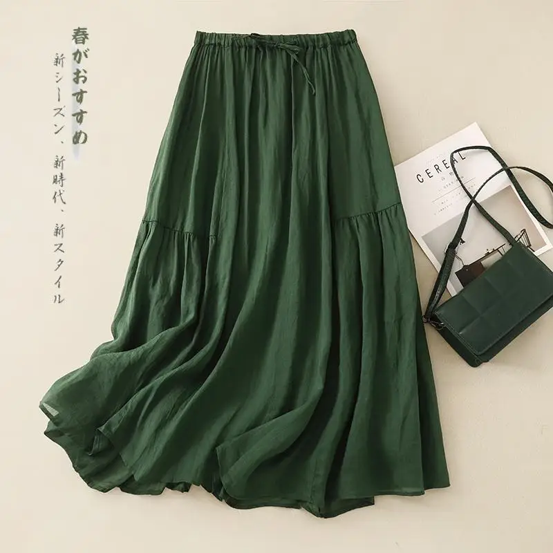 New Arrival Summer Arts Style Women Elastic Waist Loose A-line Dress All-matched Casual Double-deck Cotton Long Skirt