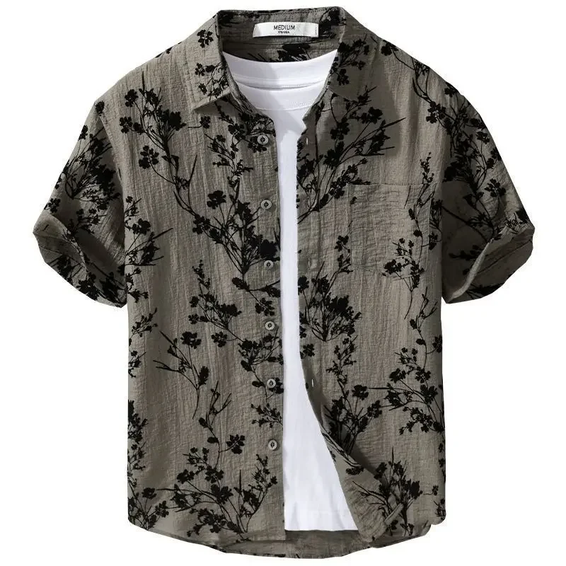 

Male Shirts Floral Print Green Short Sleeve Fashion Man 2025 Tops Slim Fit with Sleeves Original Aesthetic Normal Men's Shirt