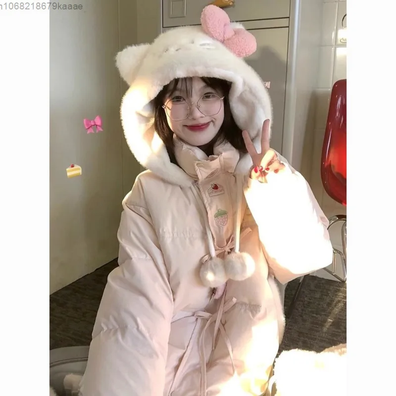 Cute Hello Kitty Winter Thick Plush Hooded Cotton Coat Women's Korean Version New Sweet Warmth Cardigan Versatile Cotton Jacket