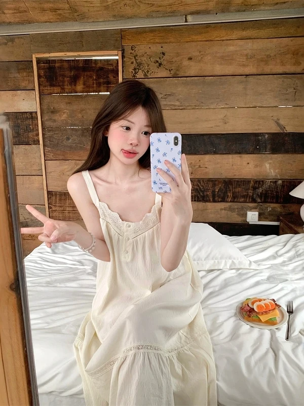 2025 New Pure Cotton Sweet Girl Suspender Nightdress French Simple Lace Pajamas Dress Breathable Skin-friendly Casual Loungewear