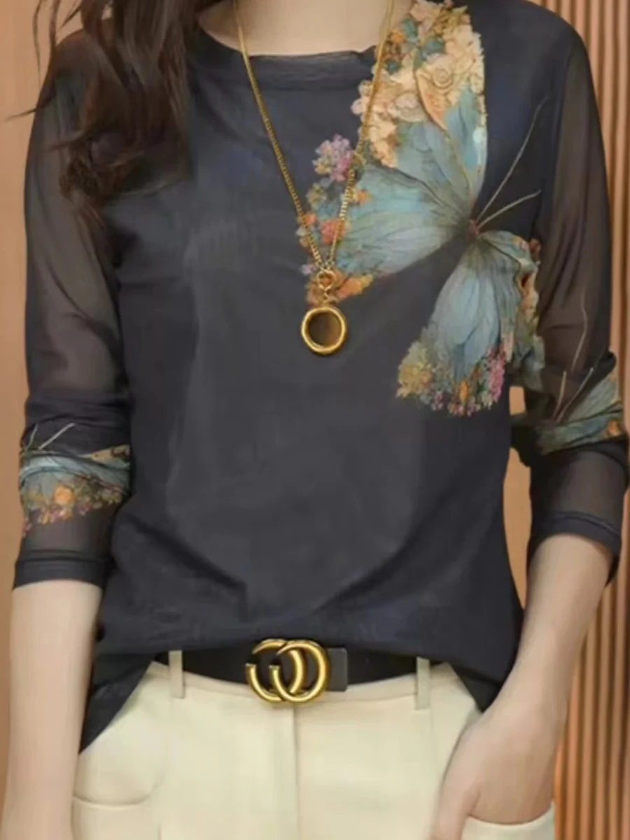 

Large Size Mesh Base Shirt Fashionable Long Sleeve Printed T-Shirt Skin-friendly Breathable Artistic Commute Style Loose Fit