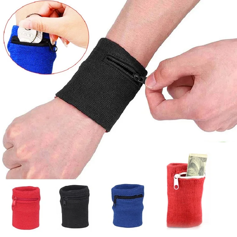 1 Pair Protective Wristband with Zipper Pouch Running Play Basketball Sleeve Sweatband with Pocket For Money Keys Earplug Bags