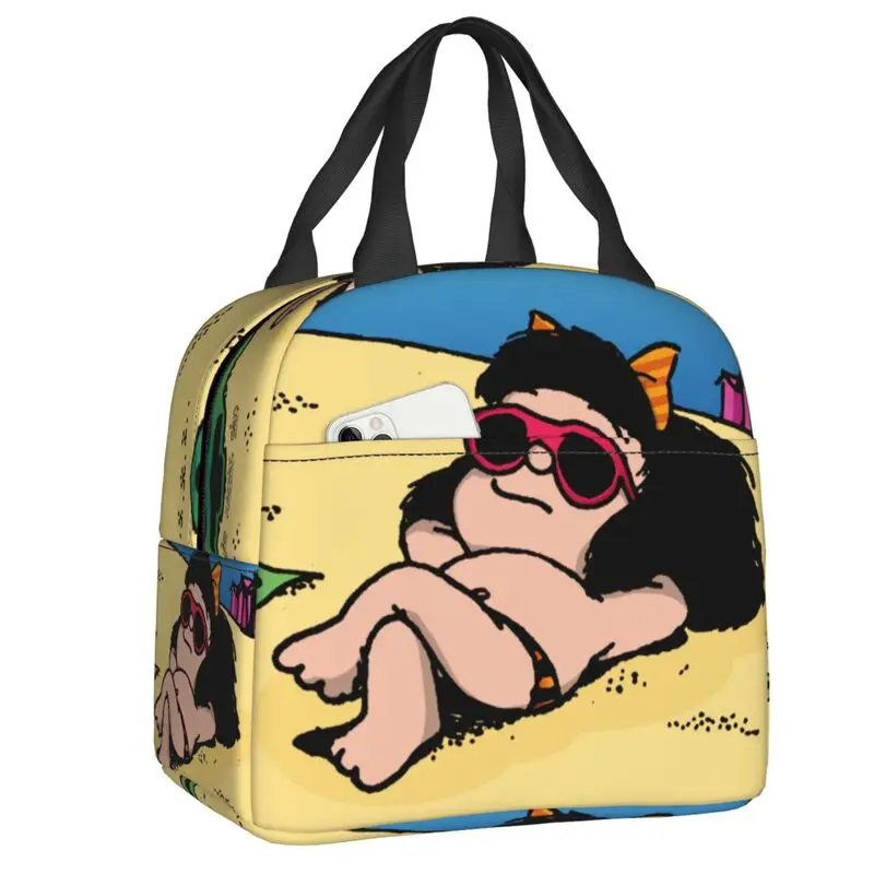 Fiambrera de Mafalda Happy Cycling para mujer, bolsa de almuerzo con aislamiento térmico de dibujos animados, bolsas de mano para niños, escuela y Picnic