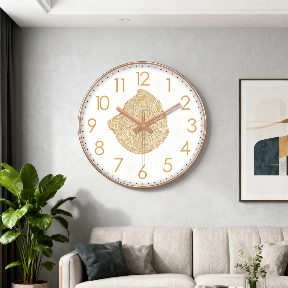 

Fashion Quartz Wall Clock Living Room Nordic Style Circular Clock Imitation Wood Grain Clock ABS Plastic Shell Corner Wall Clock