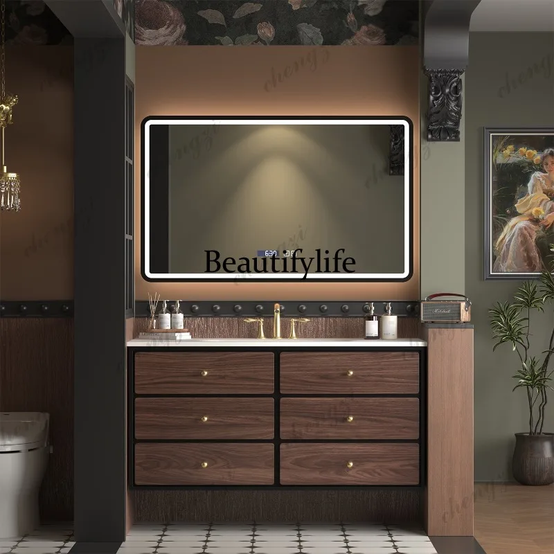 Medieval style bathroom cabinet combination ceramic integrated basin rock slab seamless feng shui mirror cabinet washing table