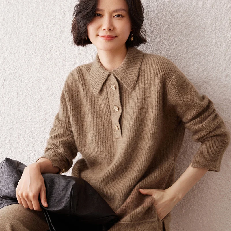 

Double Thick 100% Cashmere Sweater Knitted Base Layer Women Long Sleeve Pullover Turn-Down Collar Slim Fit Versatile Loose Top