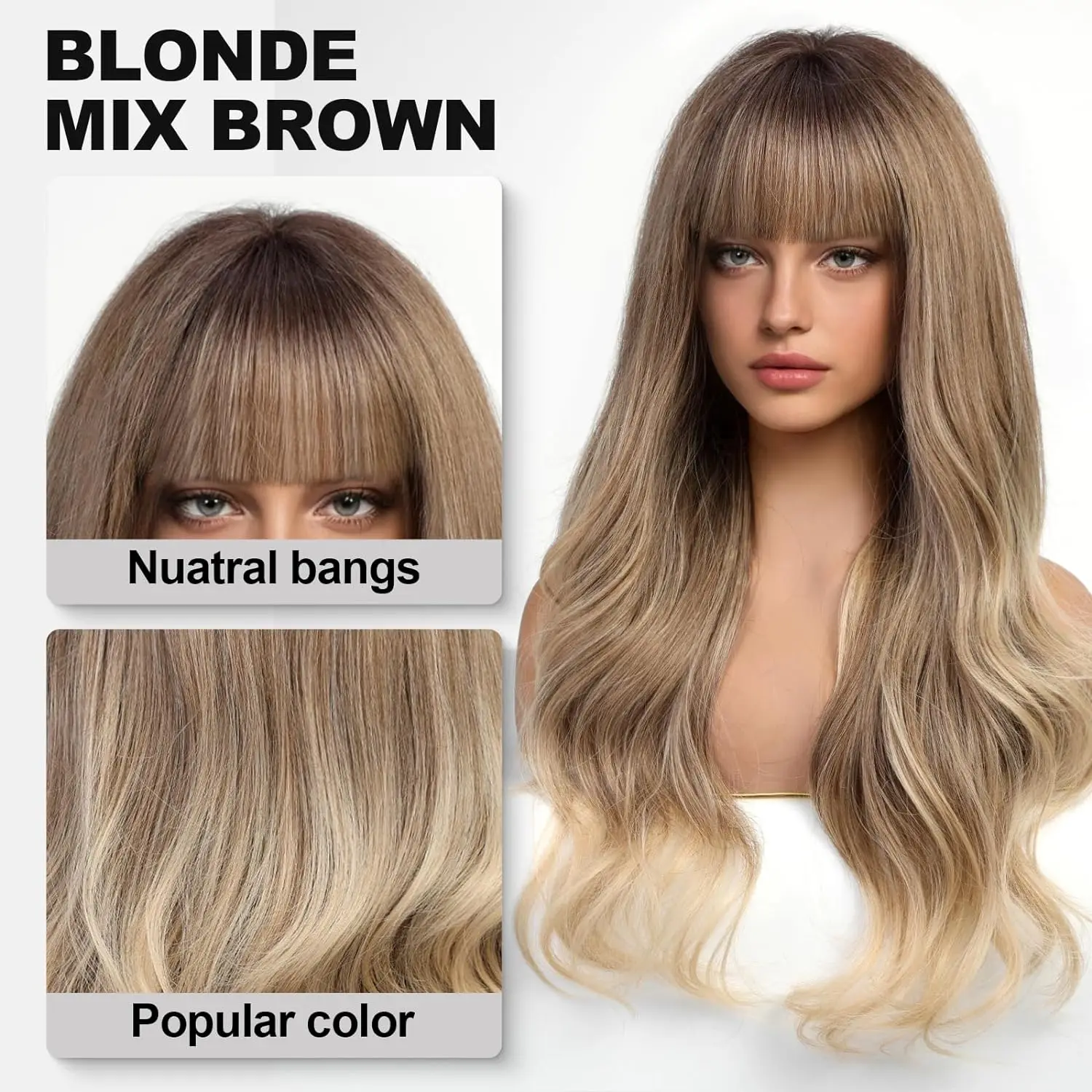 LOUIS FERRE Long Fluffy Wave Blonde Wigs with Bangs Lolita Cosplay Natural Ombre Synthetic Wigs for Women Heat Resistant Fibre