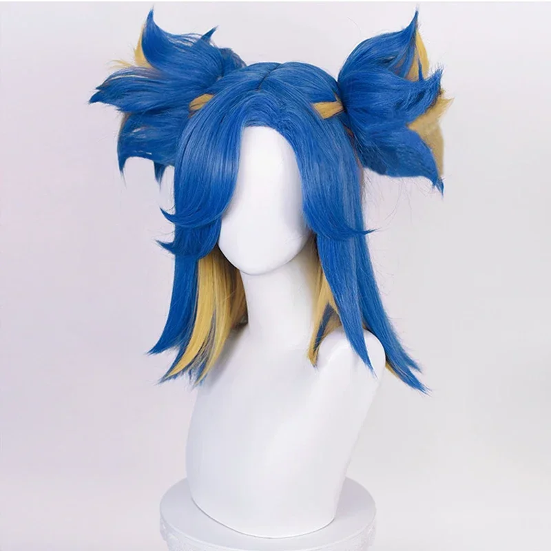 Game Valorant Neon Cosplay Short Blue Mix Blond With 2 Clip Ponytails Heat Resistant Synthetic Hair Role Play Wigs Wig MN4