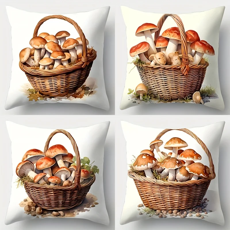 4pcs Mushroom Basket Pillow Covers 45x45cm Double-sided Printed Cushion Cases Rustic Farmhouse Decor Throw Pillows No Insert