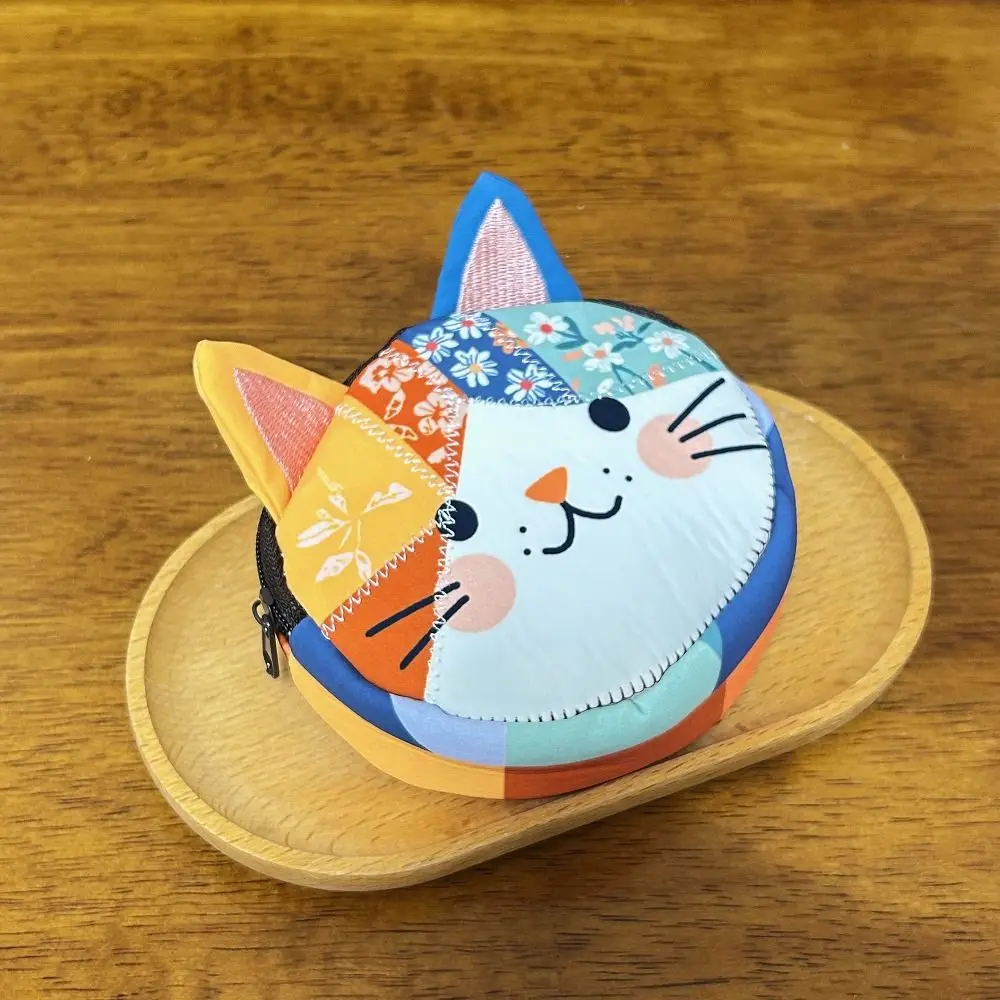 Cute Patchwork Coin Purse Cat Zipper Design Small Cosmetic Pouch Travel Storage Bag Women Girls