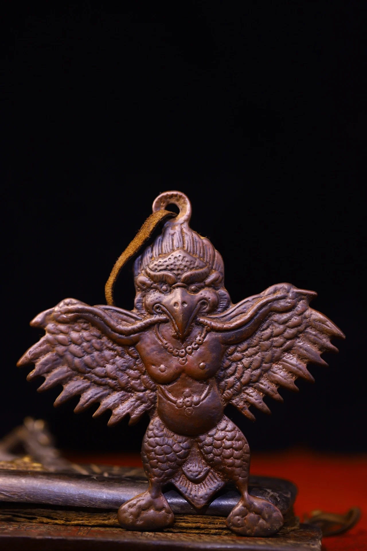 

5"Tibetan Temple Collection Old Bronze Cinnabar Garuda Buddha Protector Buddha Card Amulet Pendant Town house Exorcism