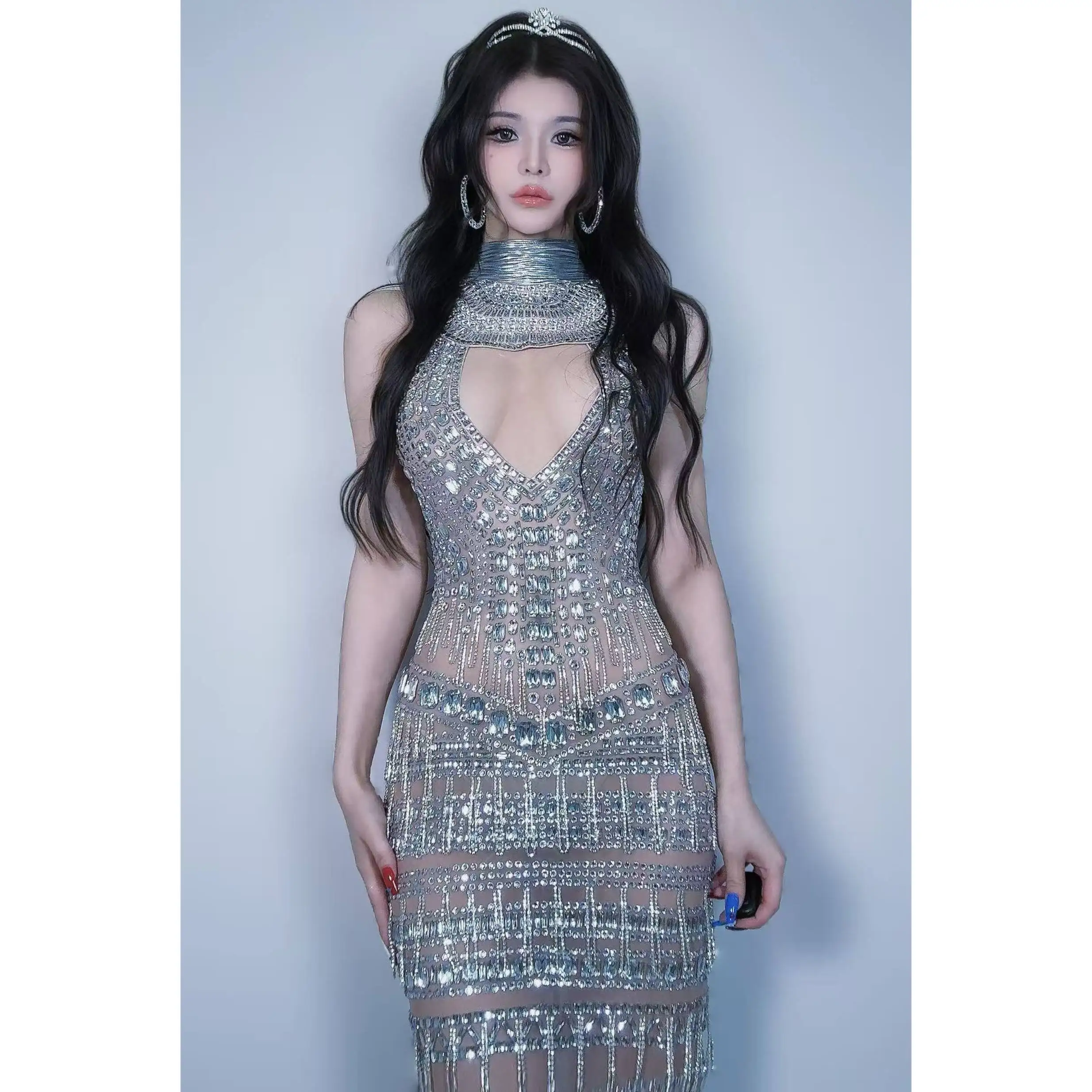 Sexy Holle Diamant Opknoping Hals Jurk Feestjurk Nachtclub Bar Dj Prestaties Podiumkostuums Vrouwen Gogo Festival Wear DN21305