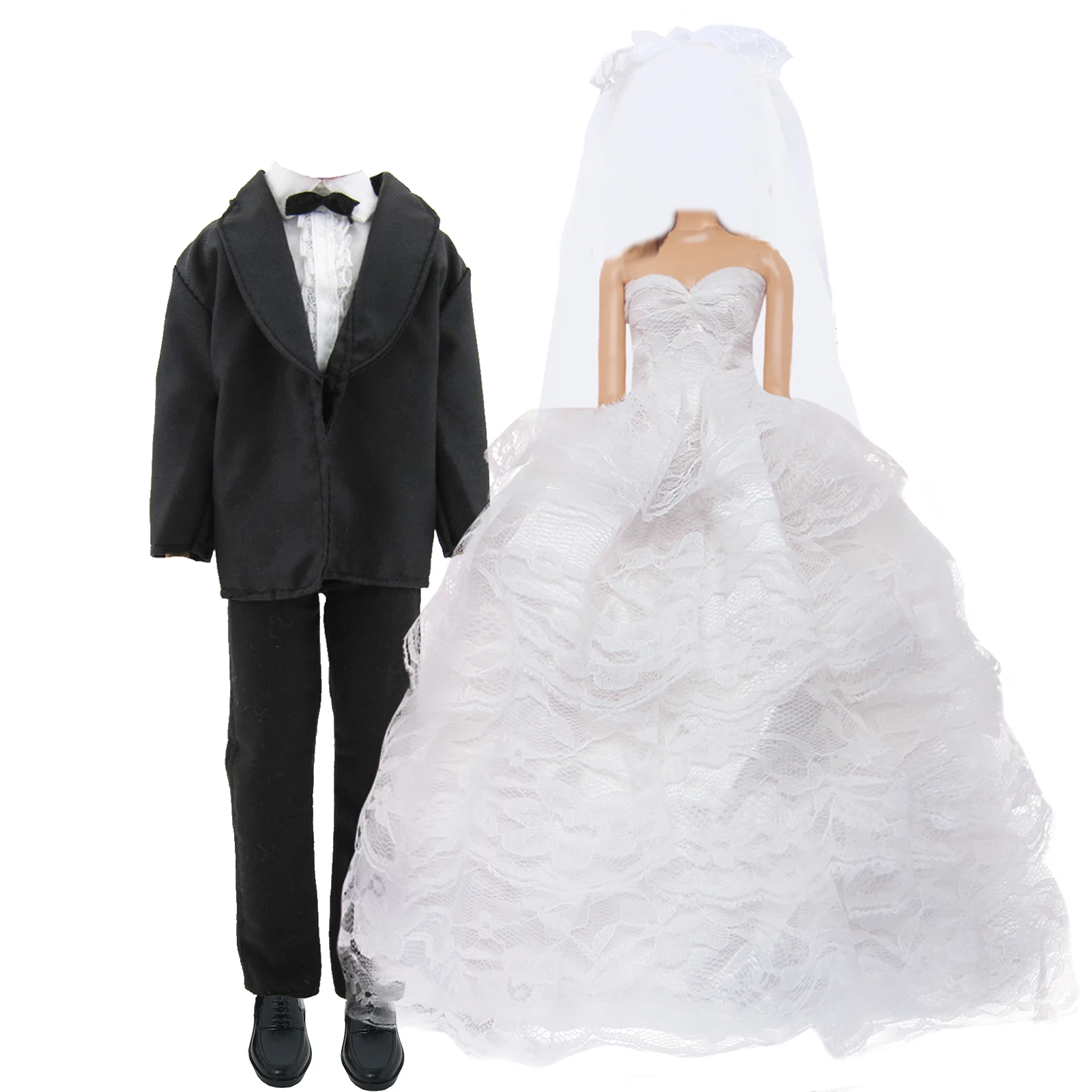 5 Pcs/Set Doll Outfit 11.5'' Doll Girl Boy Couple Doll Wedding Clothes White Lace Gown Veil Tuxedo 2x Shoes Kid Gift Accessories
