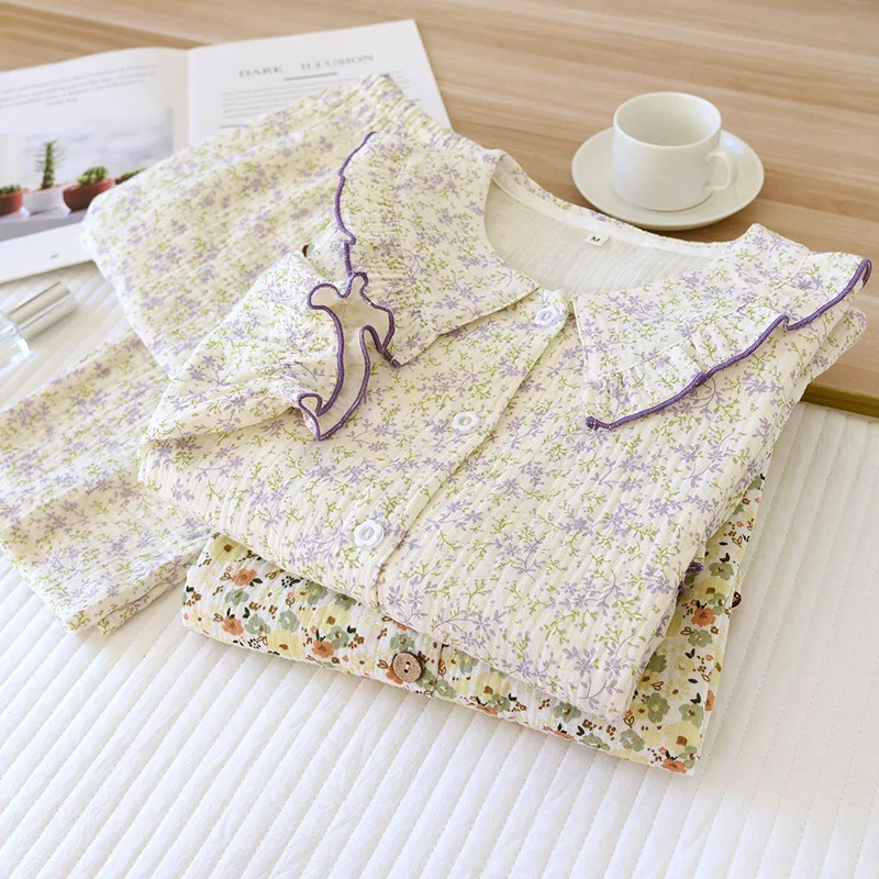 Spring Autumn Women's Pajamas Loungewear Set Girl Floral Cardigan Pajamas Loungewear Long Sleeve Shirt Pants Set