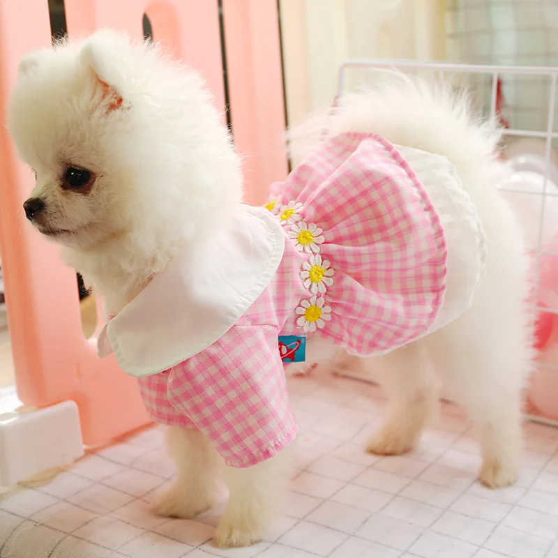 1PC Pet Clothing Cat Spring/Summer Thin Pink Plaid Ladybug Skirt Suitable for Small and Medium Dogs