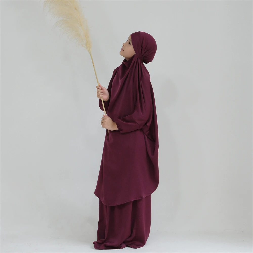 2PCS Muslim Kids Girls Prayer Garment Overhead Khimar Robe Eid Hooded Hijab Abaya Scarf Dress Islam Clothing Eid Ramadan Robe
