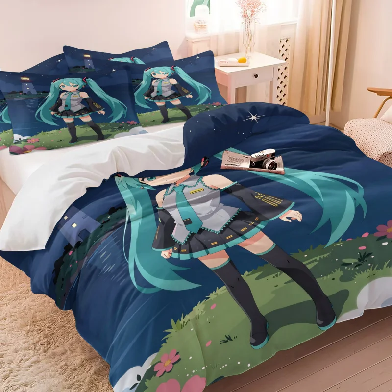 初音ミク-ナイトシーン布団カバーセット-かわいいアニメ寝具-枕カバー1～2枚付き-ゲーミングルーム-ティーンガールズ寝室装飾-ファンへのギフト