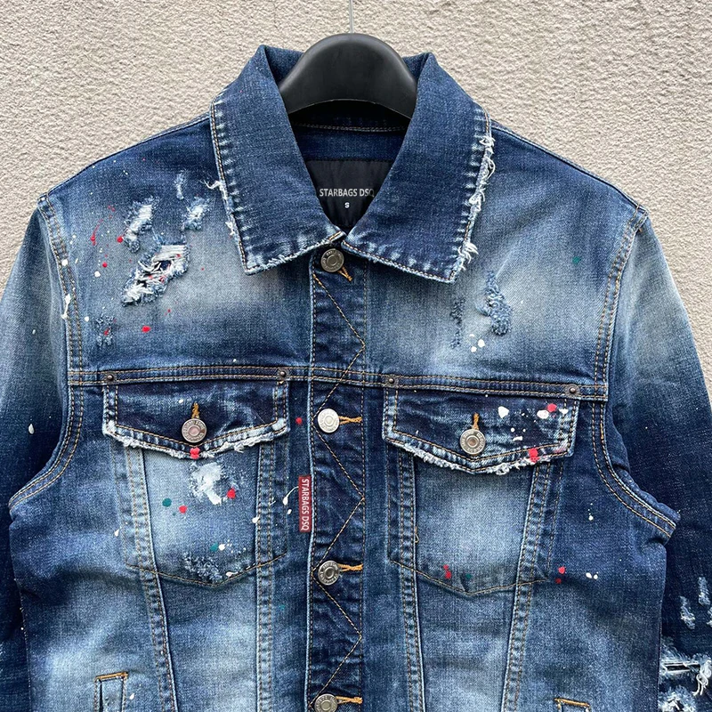 Men\'s denim jacket USA 100 charei harper dsq 1911 Men\'s denim jacket splashed with ink, paint, holes, punk fashion denim trend