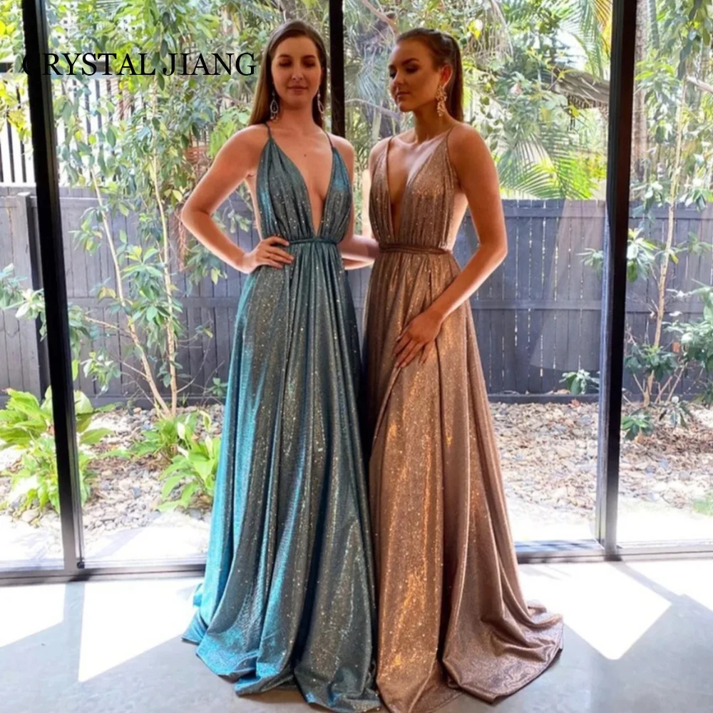 

Sexy Long V Neck Glitter Evening Dresses Natural Waist Sleeveless Backless A Line Floor Length Robe De Soiree Femmes