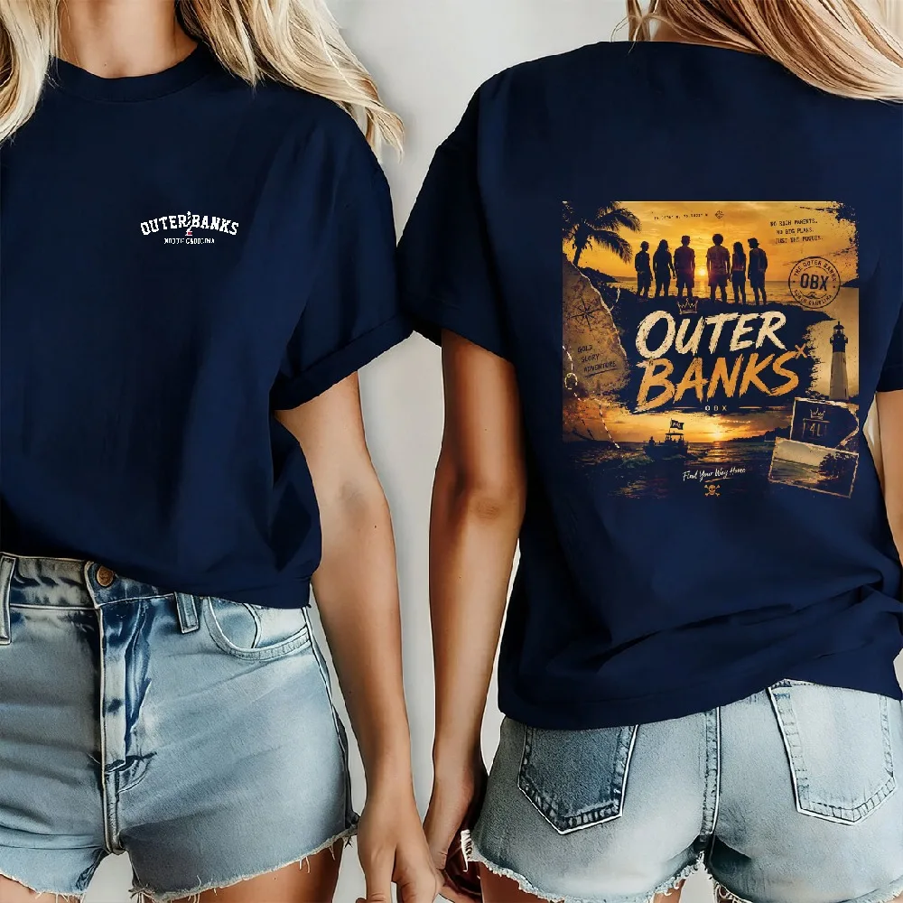 Outer Banks‑Inspired Cotton T‑Shirt Double‑Sided Sunset Group Poster Graphic Tee Top TV Series Fan Merch Casual Beach Streetwear