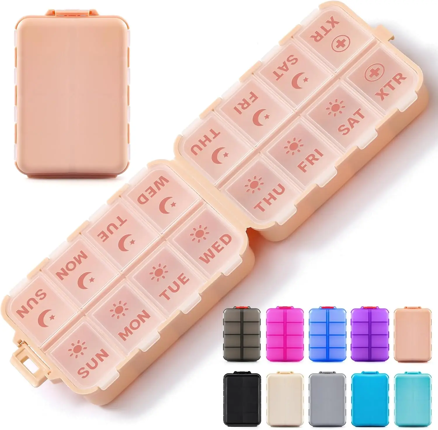 

Weekly Pill Organizer 2 Times a Day, 7 Day AM PM Medicine Box, Portable Travel Pill Case for Vitamins, Foldable, Pink