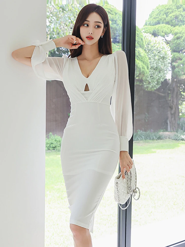 ファッションエレガントなプロフェッショナルドレス婦人服セクシーな薄手の長袖中空ひだボディコンローブ女性パーティー仕事 Vestidos