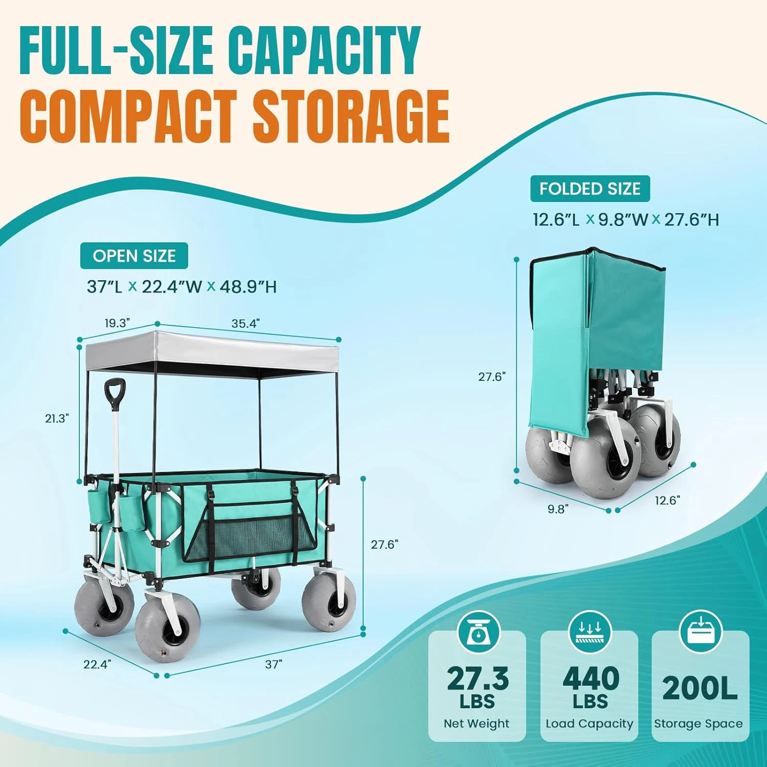 Beach Wagon with Big Balloon Wheels for Sand 200L Extra Large Beach Cart with Canopy 440Lbs Heavy Duty Folding Wagon Collapsible 9in Tires Light Blue - view 2