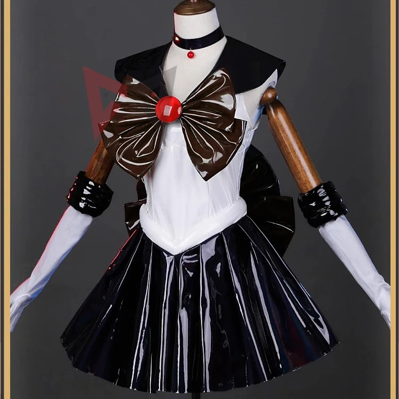 New Anime Meiou Setsuna Sailor Pluto Cosplay Costume Leather Skirt Jumpsuit Gloves Necklace Set Custom Made