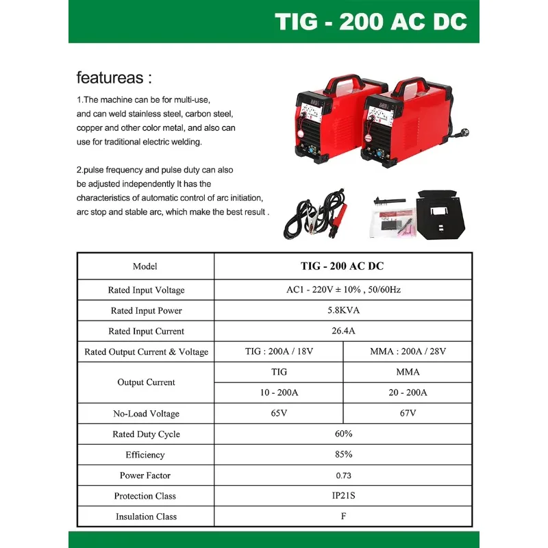 TIG Welding Machine 200A Inverter Aluminum Alloy Welder MMA Pulse Argon Arc Welder TIG-200P AC/DC
