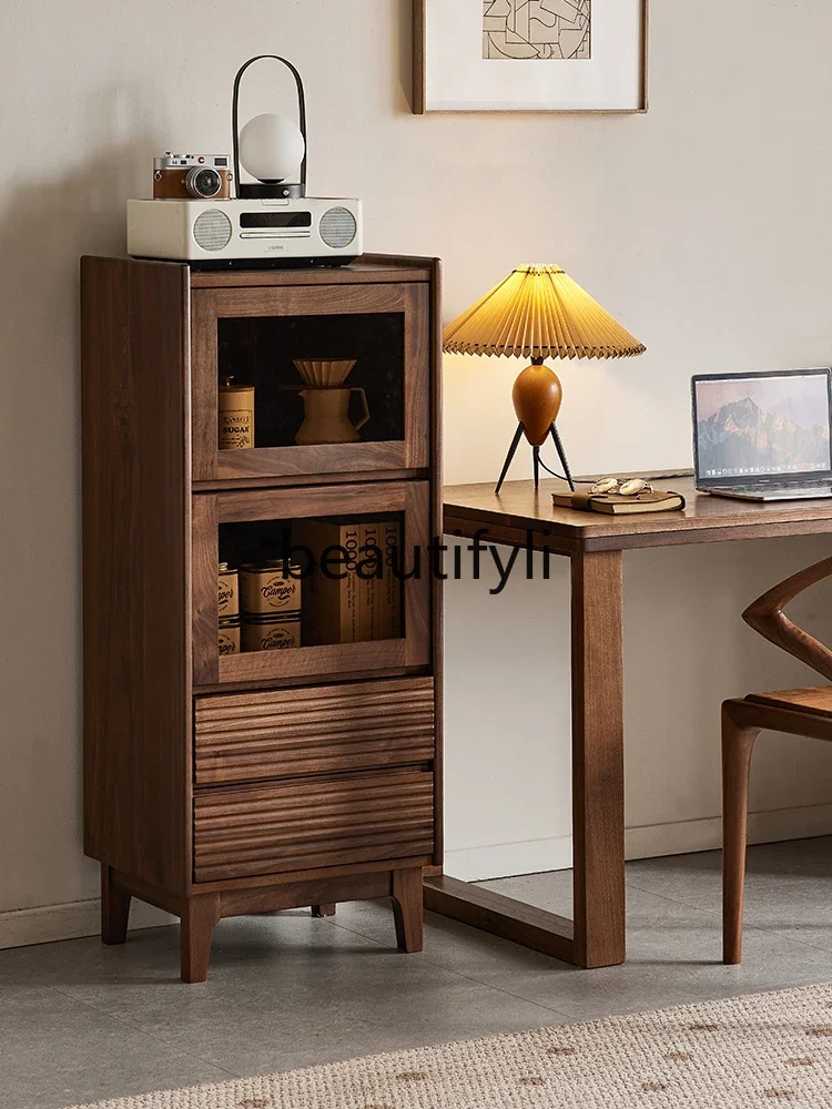 

North American black walnut wine cabinet Nordic simple display cabinet living room solid wood side cabinet0746