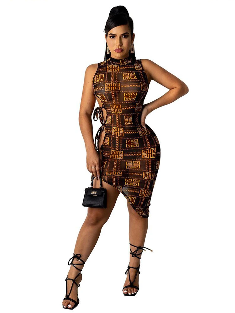 Women's Brown Printed Sleeveless Hollow Mesh Party Dress Elegant Halter Bodycon Tight Irregular Mid Length Dress