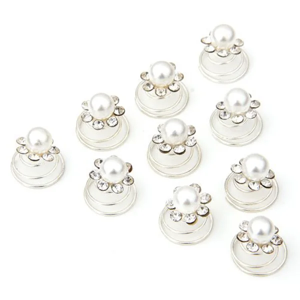 

10Pcs Women's Bridal Pearl Flower Hairpins Crystal Rhinestone Spiral Clips White Alloy Elegant Wedding Hair Accessories