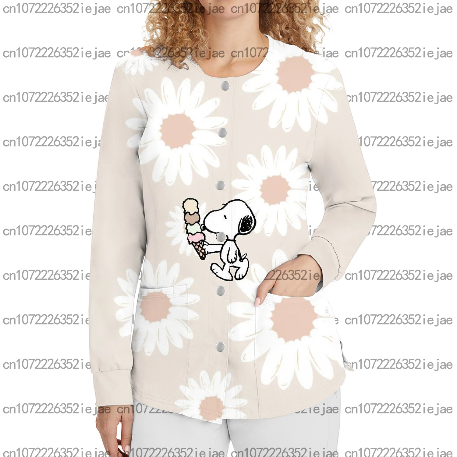 سنوبي مطبوعة كم طويل ممرضة موحدة صالون تجميل الأسنان الحيوانات الأليفة متجر المرأة جيب أزرار خاطفة ثوب جراحي دافئ سترة