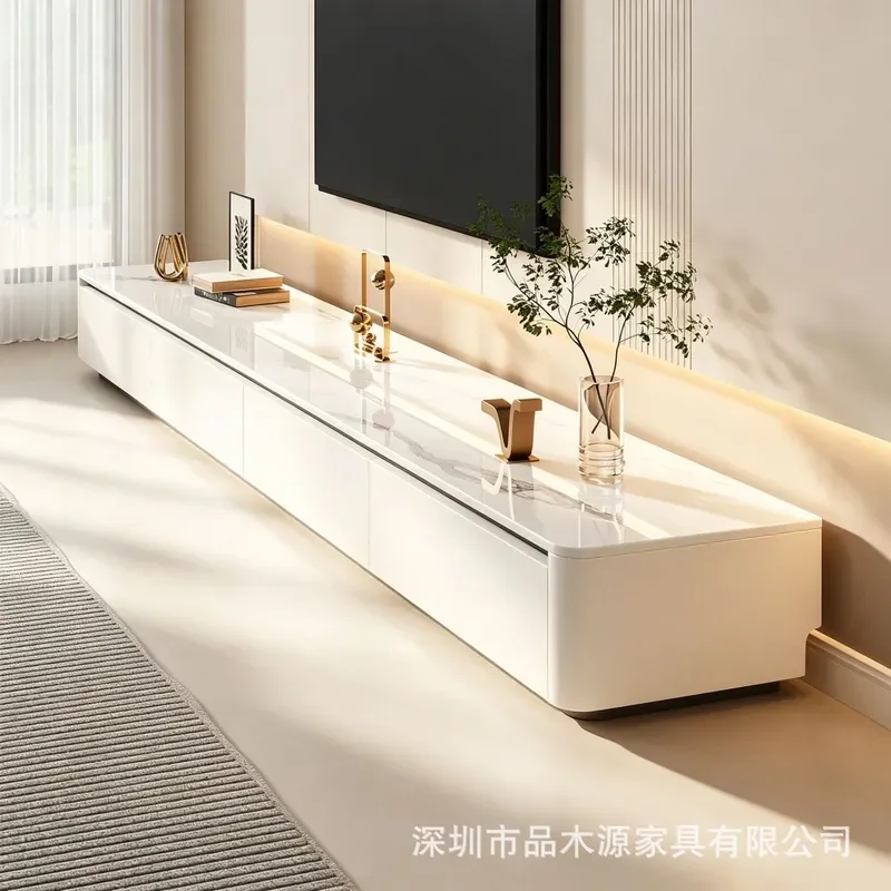 Modern Simple Rock Slab Coffee Table and TV Cabinet Combo for Living Room Home Improvement Walnut Storage Set with Light