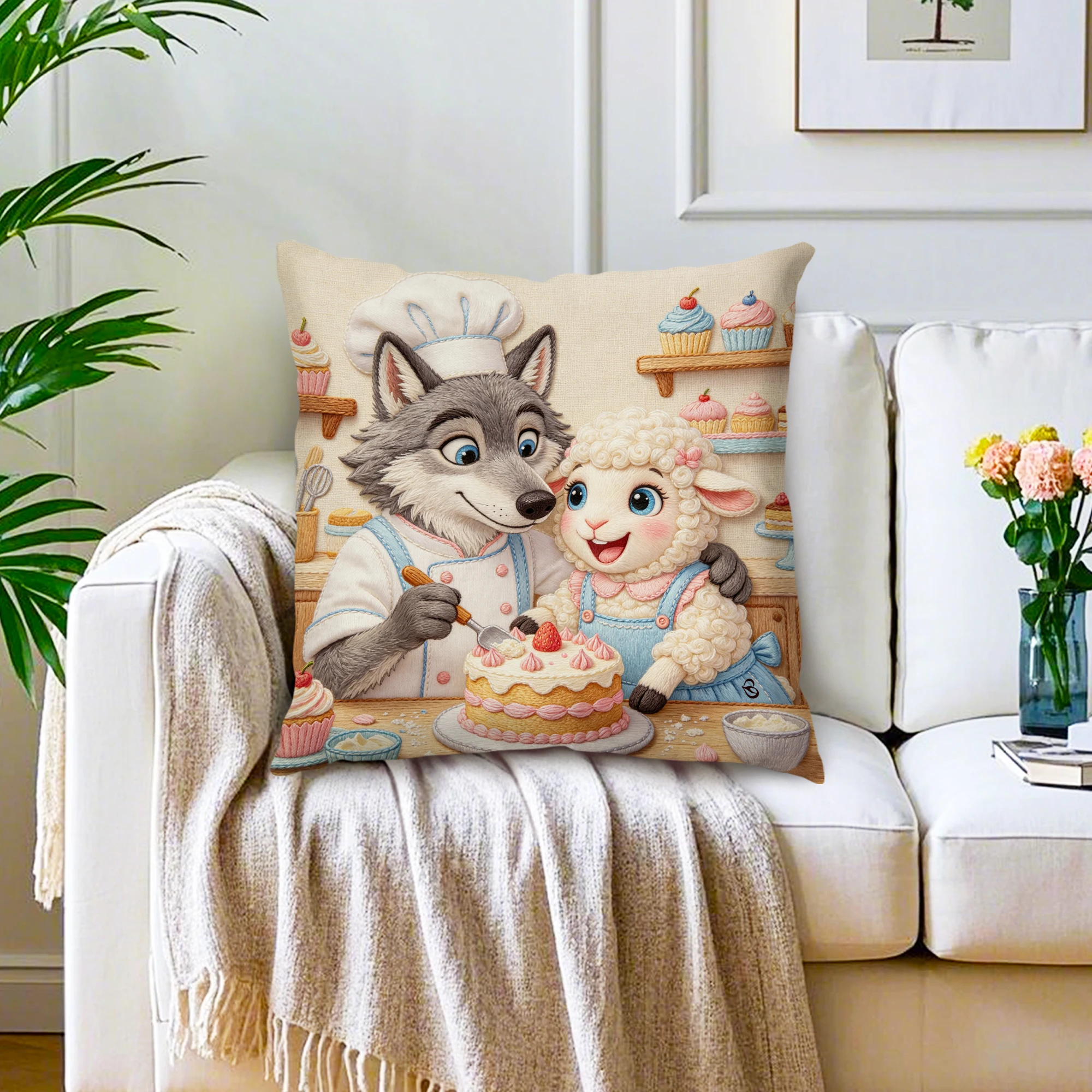 Cute Wolf Lamb Faux Embroidery Cushion Cover Fairy Tale Animal Linen Pillowcase Whimsical Farmhouse Decor Sofa Couch Bedroom