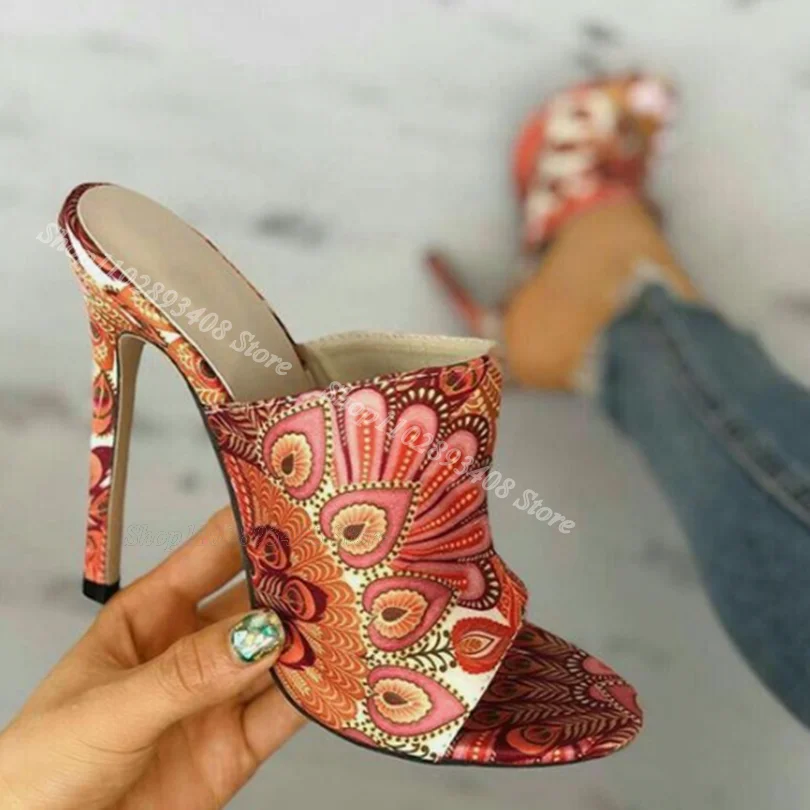 Flower Print Stiletto Slippers Open Toe Comfortable Women Shoes Design for Women Casual Runway Slippers 2024 Zapatos Para Mujere