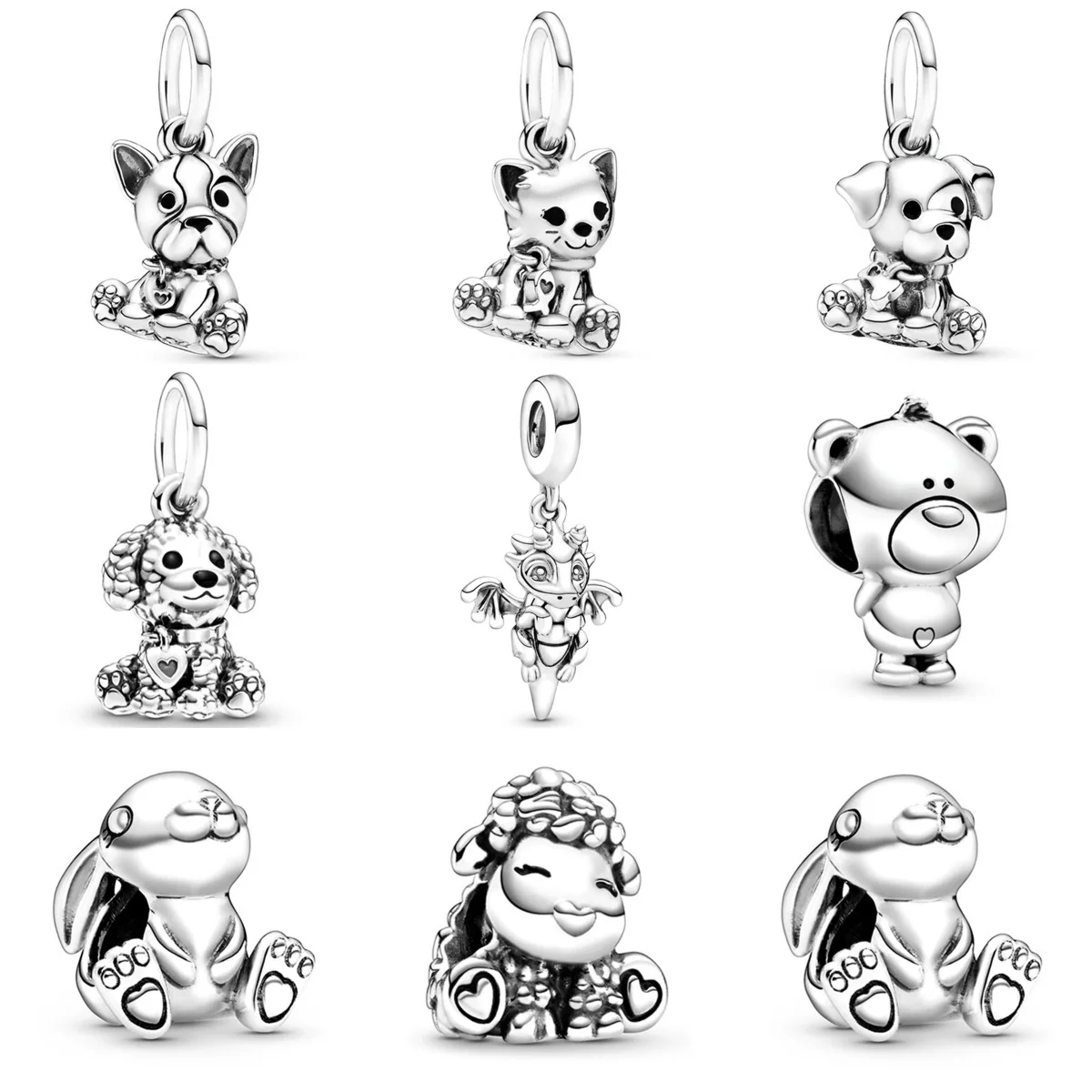 2024 Silver Plated Diamond Heart Pendants Hollow Alloy Animals Charm Beads For DIY Bracelet Necklace Jewelry Accessories Gifts