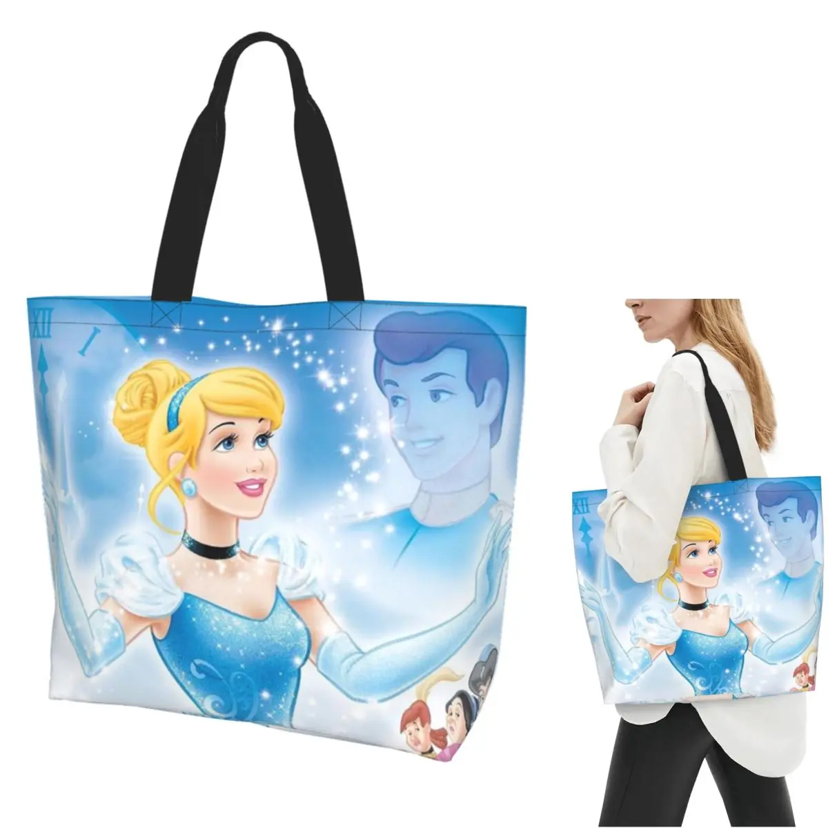 

Cinderella Cartoon Shopping Tote Bag Canvas Large Capacity Shoulder Bags Shopper Grocery Handbag for Women