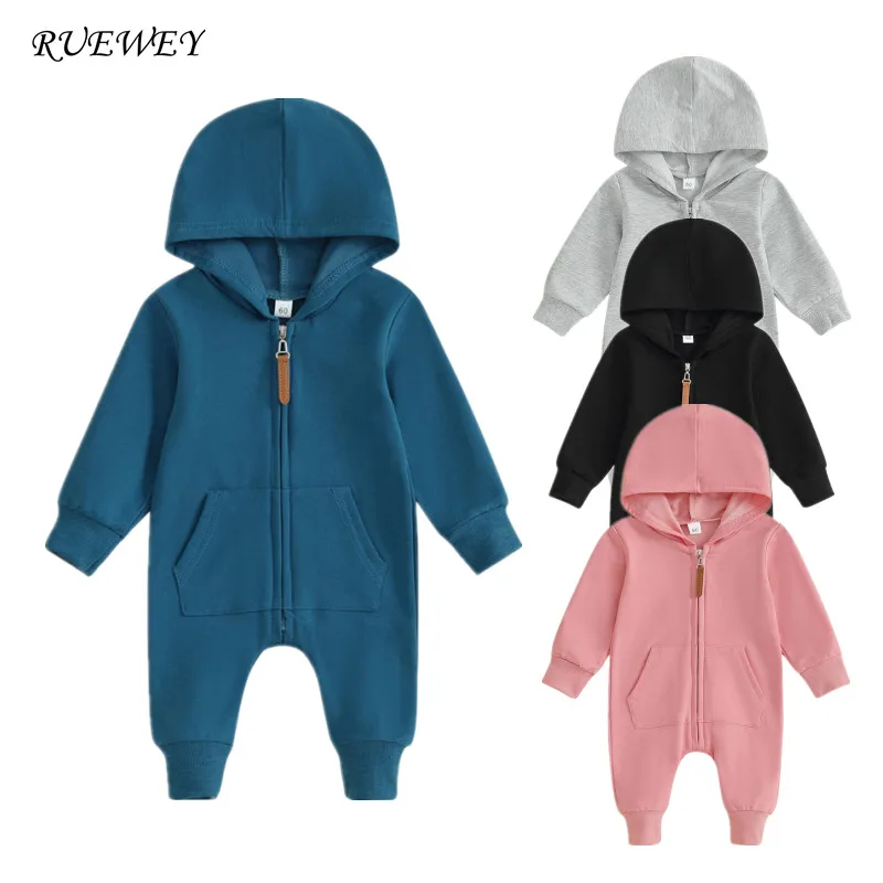 RUEWEY Baby Girl Boy Clothes neonato primavera autunno pagliaccetto con cappuccio 2023 tinta unita cerniera tuta per bambini articoli per bambini