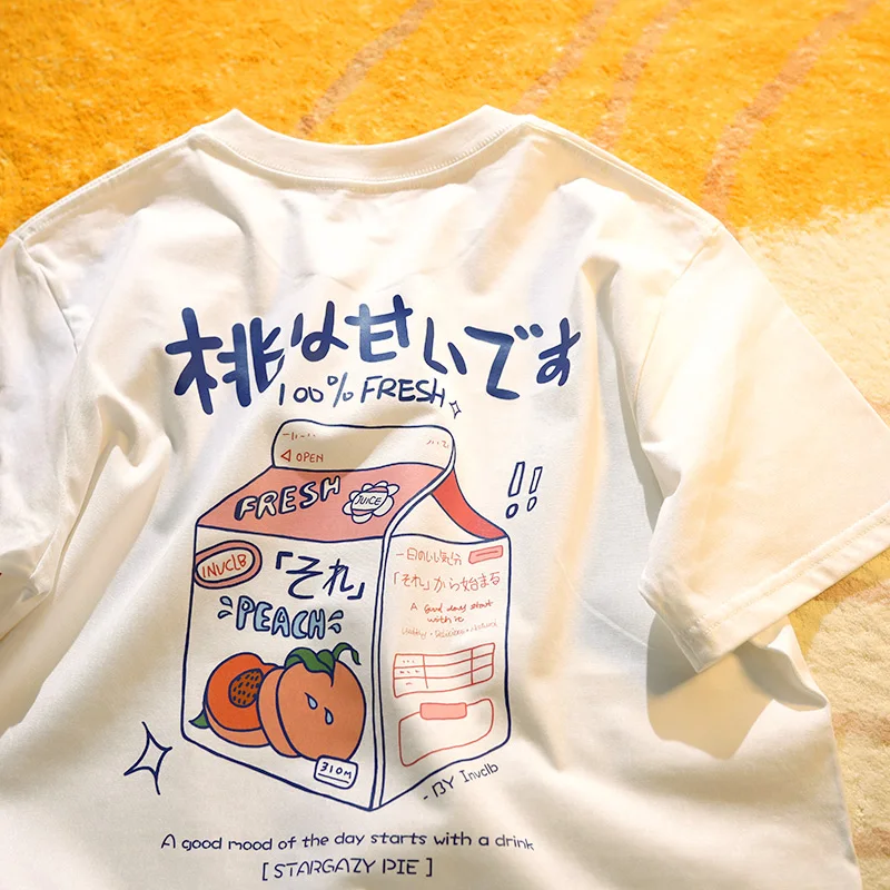 الحلو الخوخ المطبوعة الملابس النسائية الصيفية الأصلية عارضة أعلى تنفس مريحة جولة الرقبة رواية قصيرة الأكمام تي شيرت #1