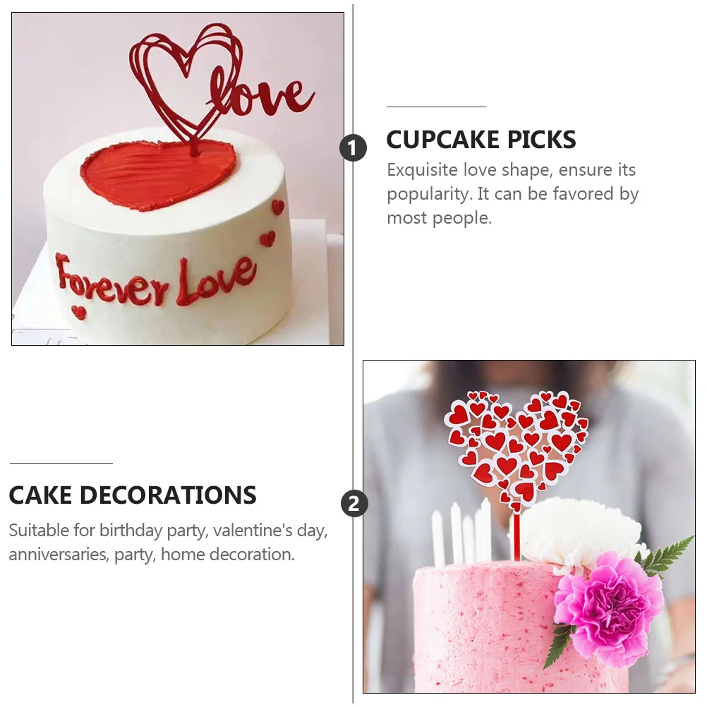 

6 Pcs Acrylic Cake Toppers Heart Shape Picks Romantic Decorations Birthday Valentine Party Cupcake Dessert Accessories